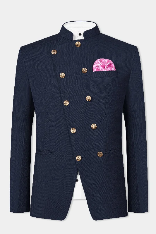 Cinder Blue Wool Rich Cross Placket Bandhgala Blazer