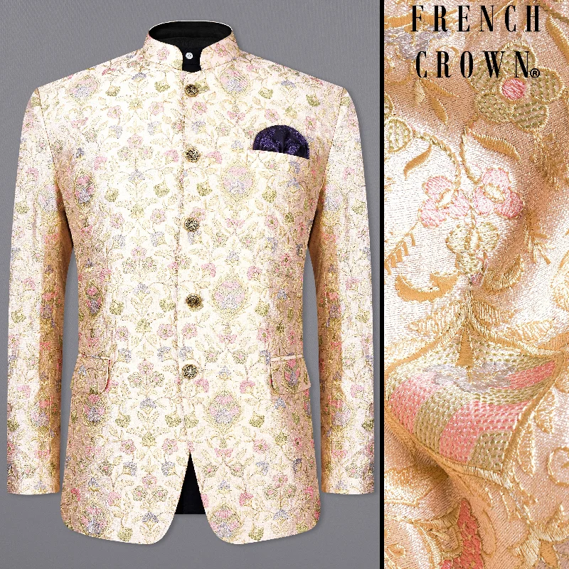 Citrine Cream Multicolour Floral Thread Embroidered Bandhgala Blazer