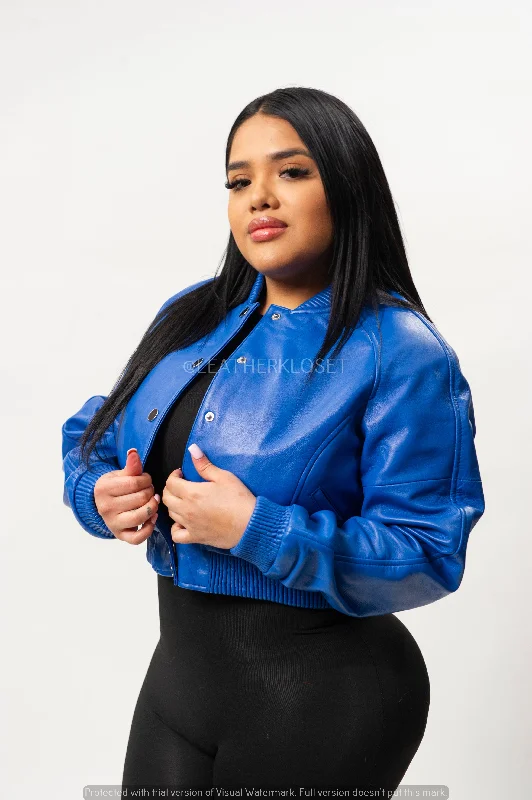 Women's Crop Leather Varsity Jacket [Royal Blue]