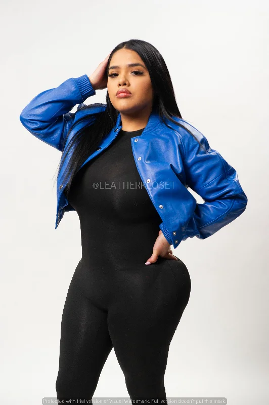 Women's Crop Leather Varsity Jacket [Royal Blue]