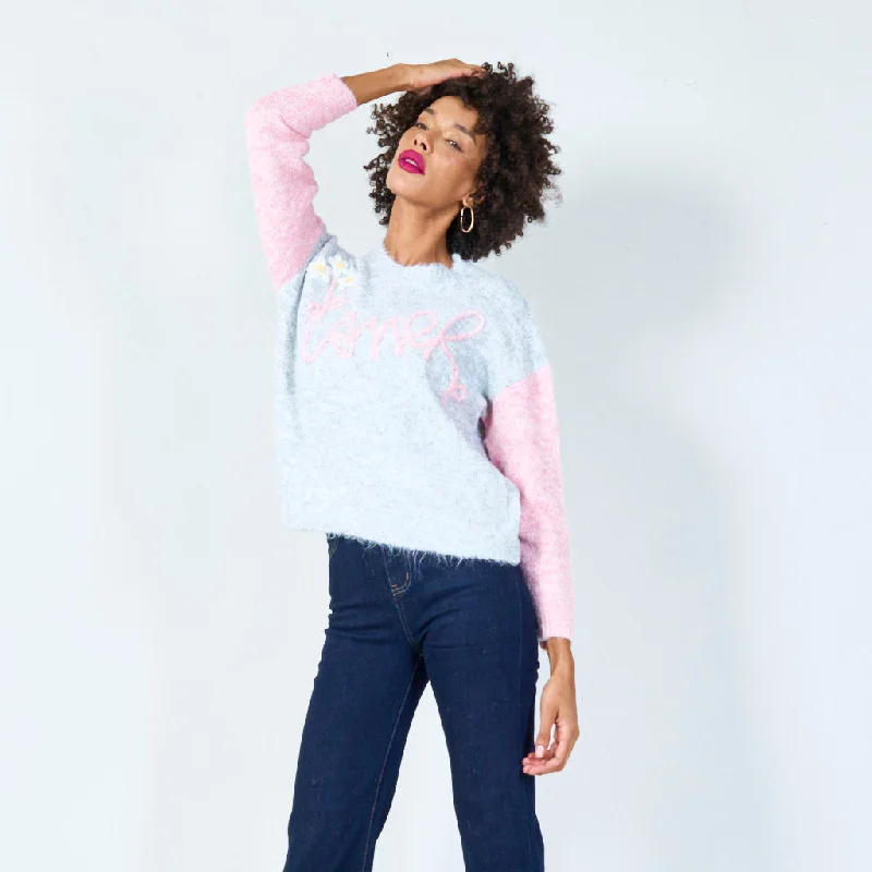 Cozy embroidered love sweater with floral details wholesale