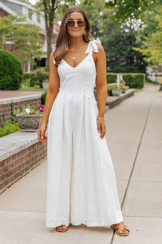 Cream Linen Stitch Wide Leg Jumpsuit - FINAL SALE