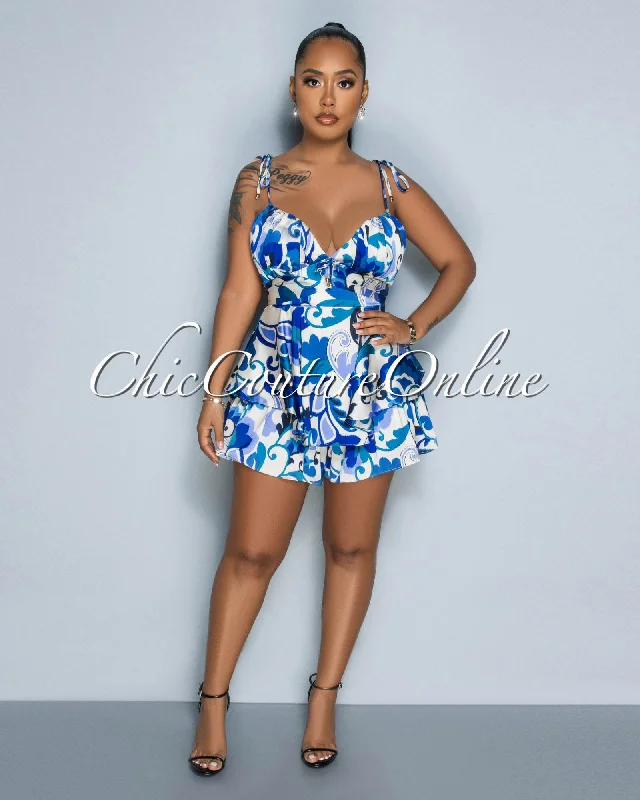 Desilen Cream Blue Print Ruffle Silky Romper