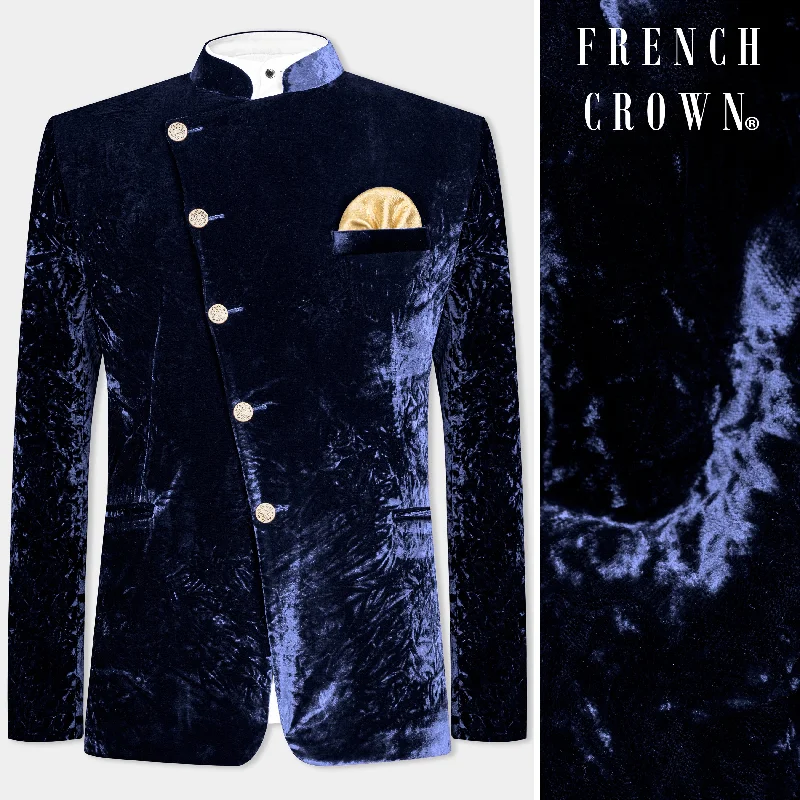 Ebony Blue Crushed Velvet Cross Placket Bandhgala Blazer