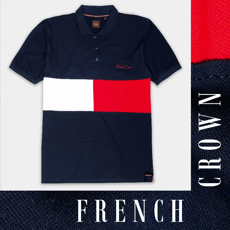 Ebony Blue with White and Jasper Red Colour Block Pattern Premium Cotton Pique Polo