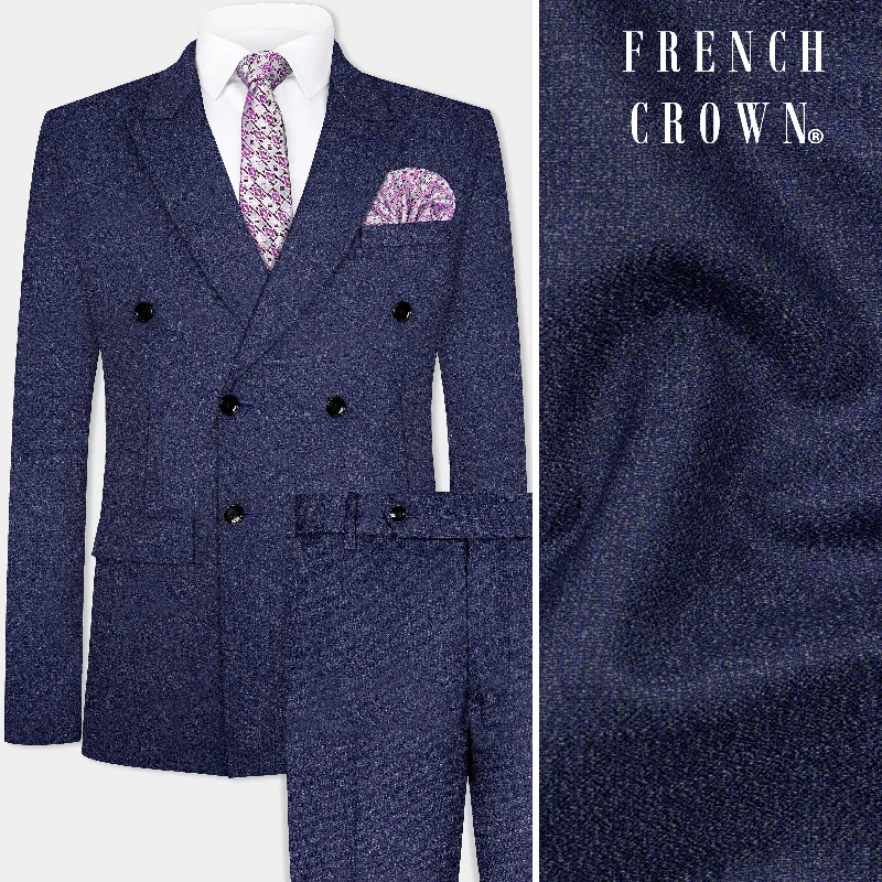 Ebony Clay Blue Textured Wool Blend Double Breasted Suit