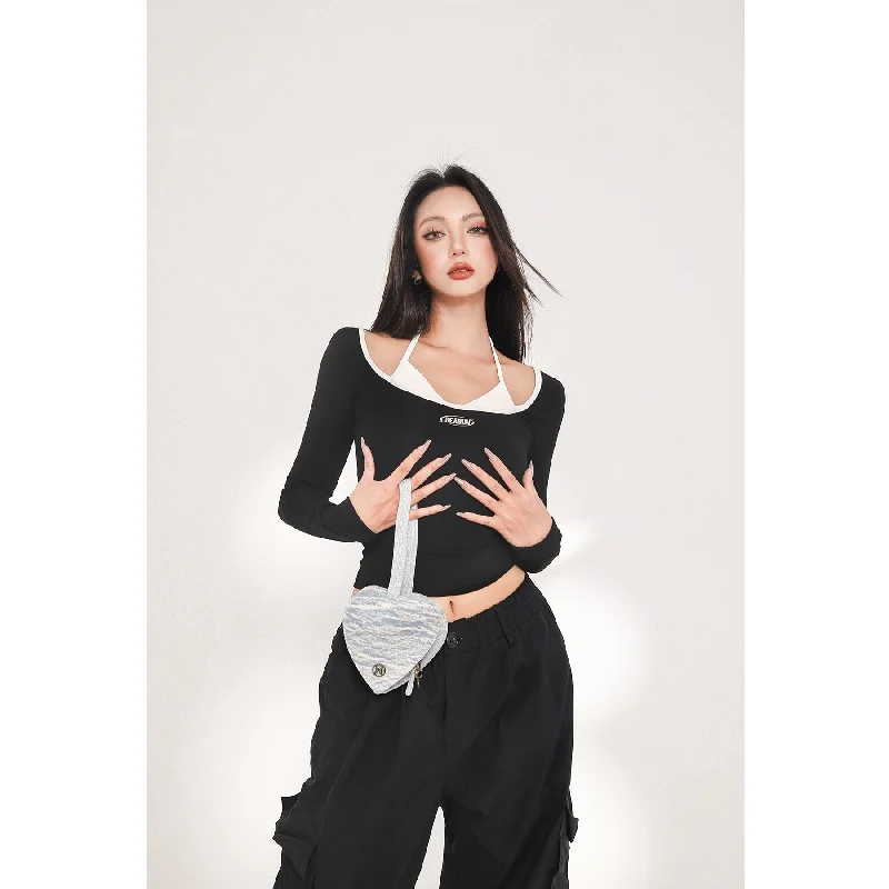 Ella Contrast Color Black & White Wide Neck Long Sleeve Slim Cropped Top