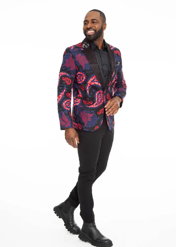 Enofe Men's African Print Blazer (Black/Black Maroon Paisley) - Clearance