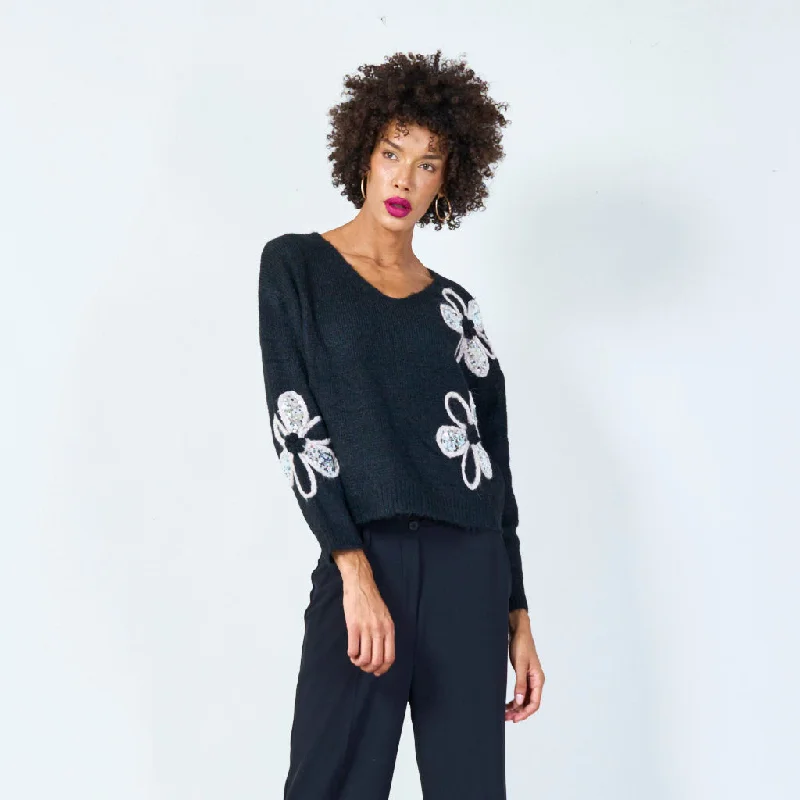 Floral embellished V-neck sweater wholesale