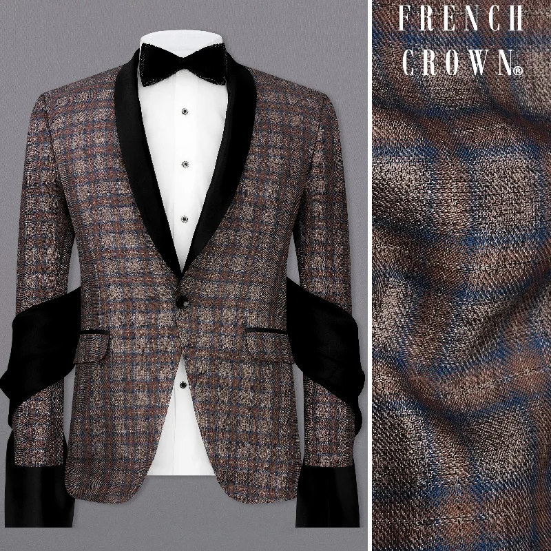 Hurricane Brown Plaid Tuxedo Designer Blazer with Shawl