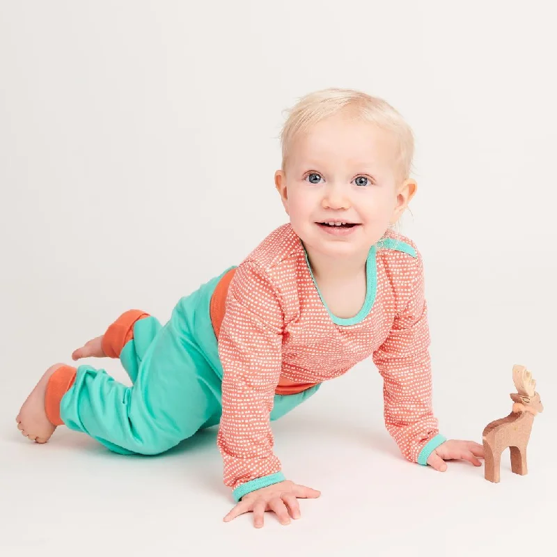 Long-sleeve baby body ""Dotted Lines Coral/Mint""