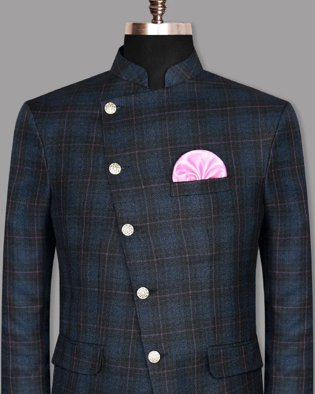 Jade Black with Blue Plaid and red windowpane Cross Placket Bandhgala/Mandarin Wool-Silk blend Blazer