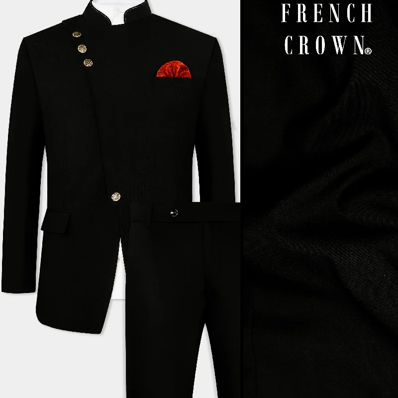 Jade Black Wool Rich Cross Placket Bandhgala Designer Stretchable traveler Suit