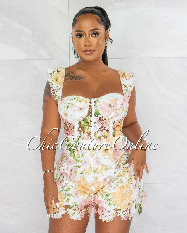 Kimberly White Salmon Print Crochet Padded Cups Romper