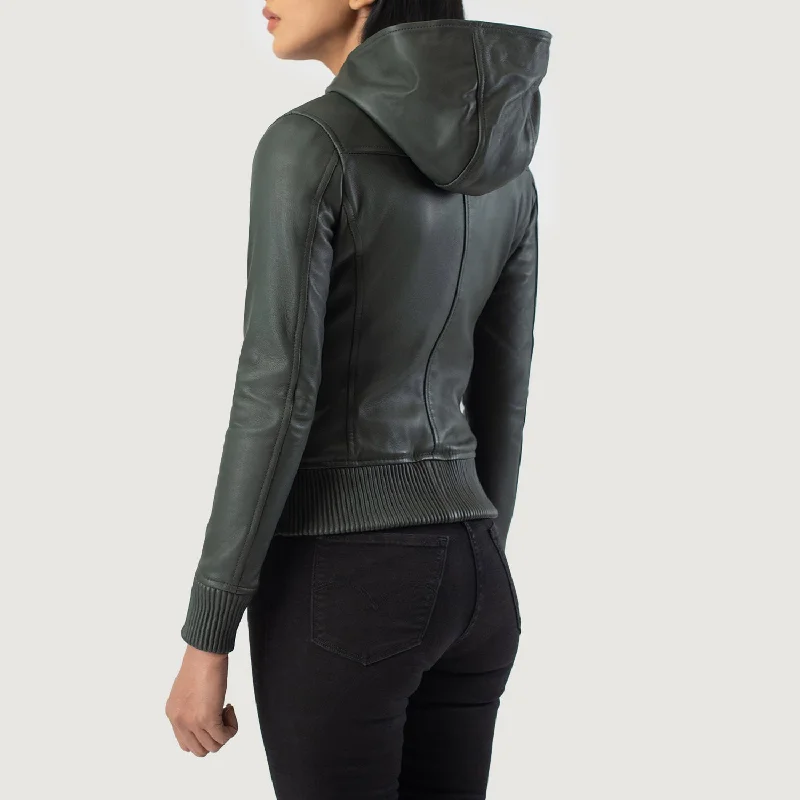 Luna Green Hooded Leather Bomber Jacket