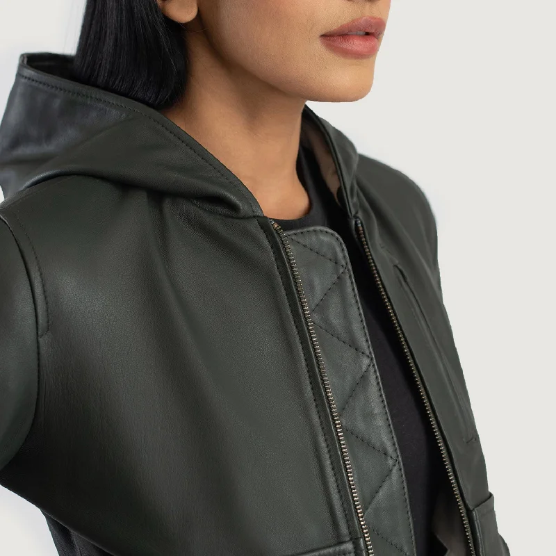 Luna Green Hooded Leather Bomber Jacket