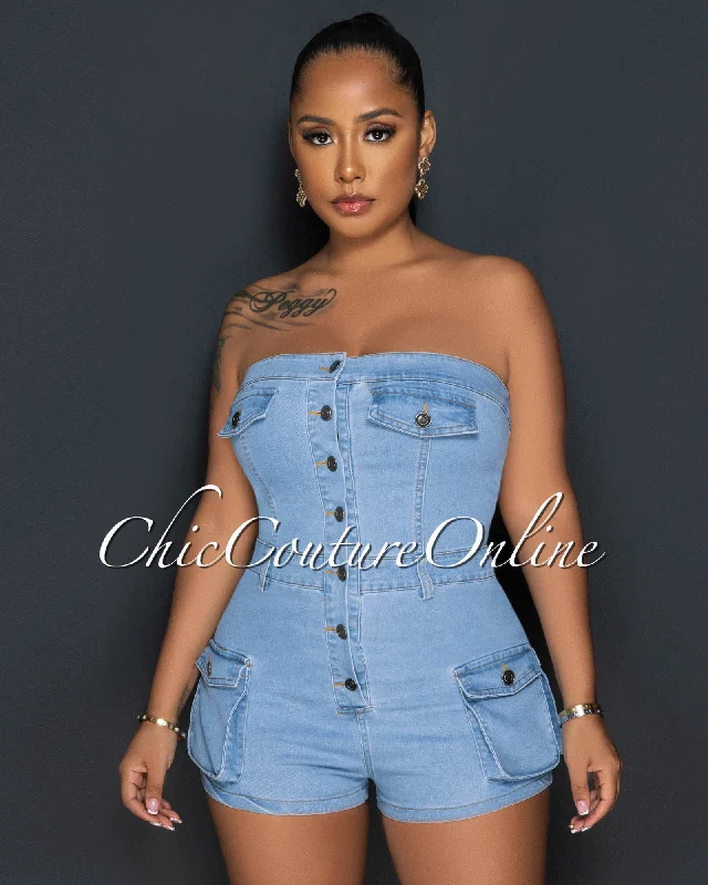 Molara Light Denim Strapless Cargo Romper