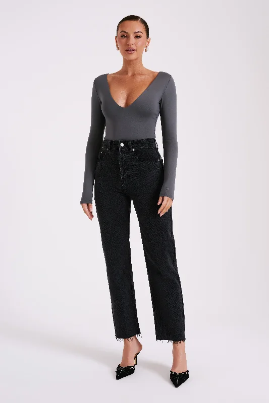 Nia Long Sleeve V Neck Bodysuit - Charcoal