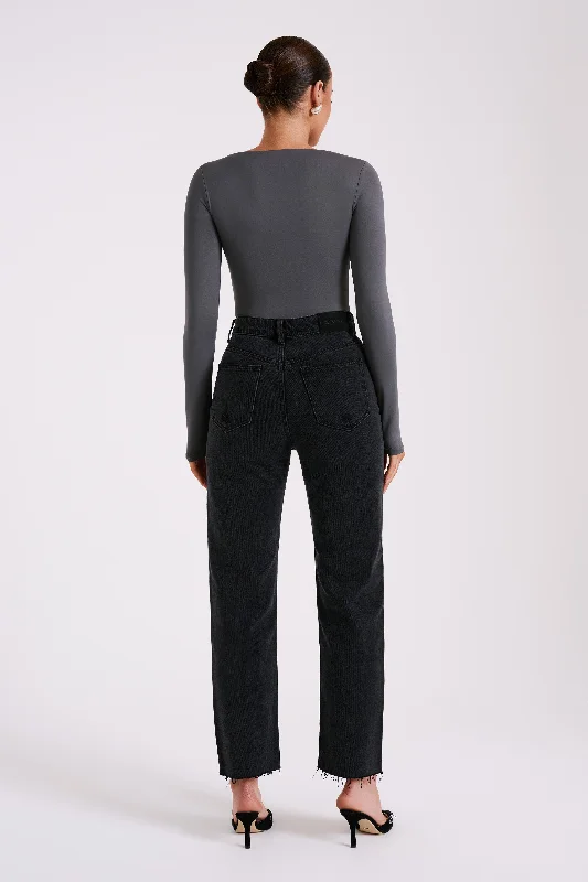 Nia Long Sleeve V Neck Bodysuit - Charcoal