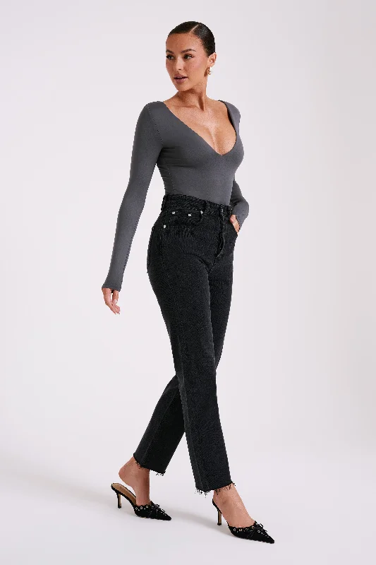 Nia Long Sleeve V Neck Bodysuit - Charcoal