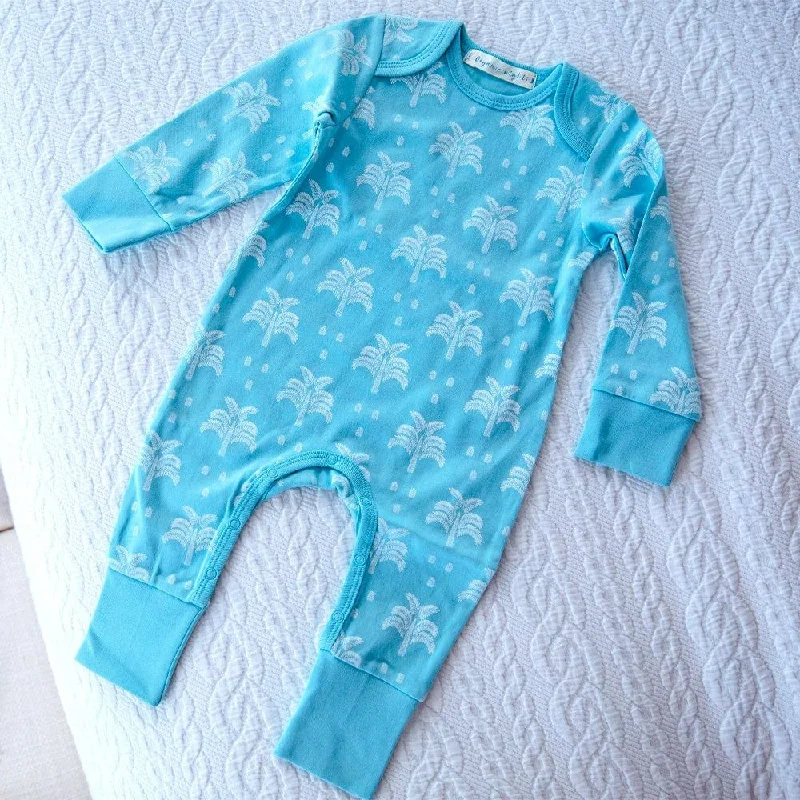 100% Organic Cotton Baby Sleepsuit - Aquatic Blue Palms and Pineapples