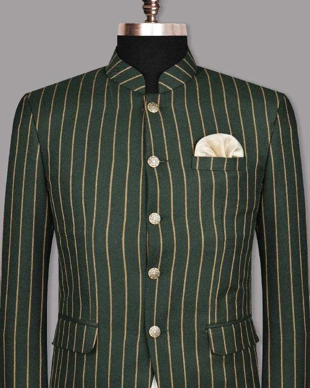 Outer Space Green striped Bandhgala/Mandarin Blazer