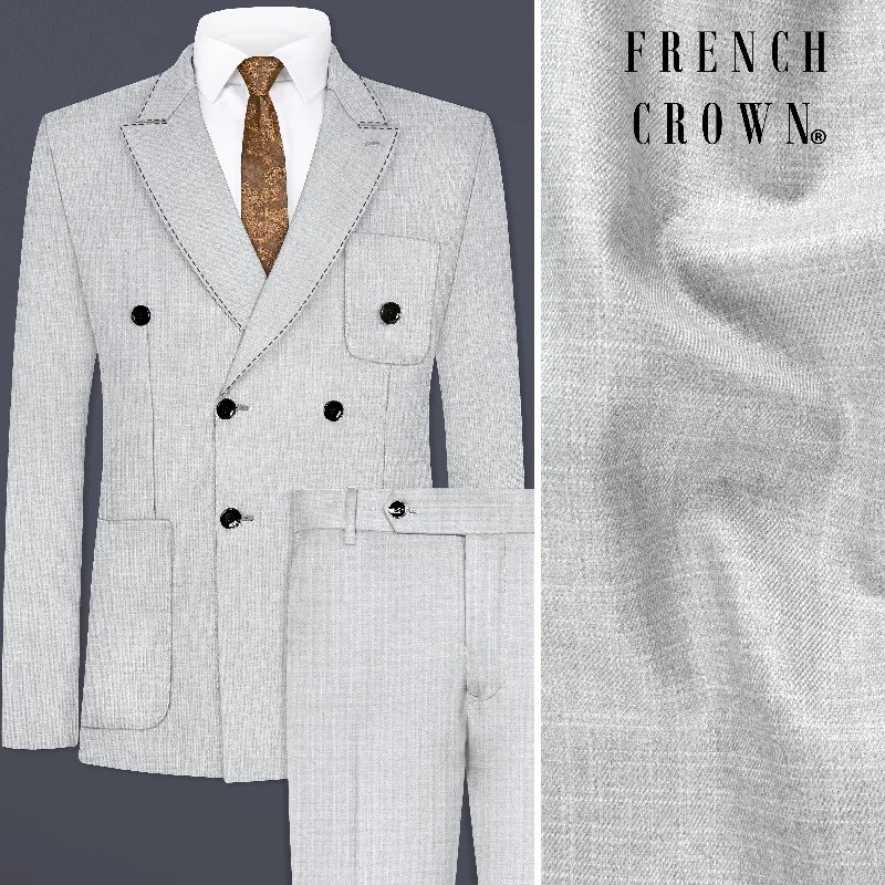 Pastel Gray Textured Wool Blend Double Breasted Sports Suit