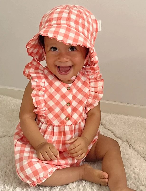 Purebaby Gingham Romper Coral Gingham