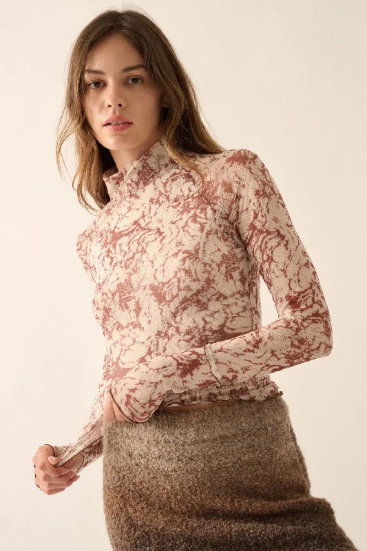 Radiant Roses Floral Mesh Mock-Neck Thumbhole Top