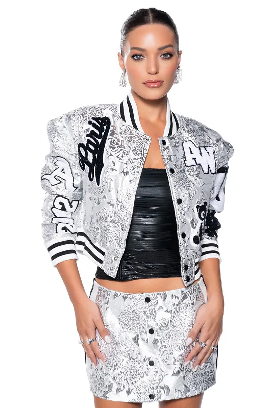 REELA SILVER BROCADE BOMBER JACKET