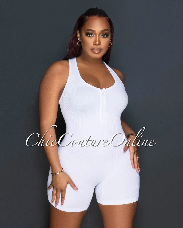 Saira Off-White Ribbed Racer Back Body-Con Romper