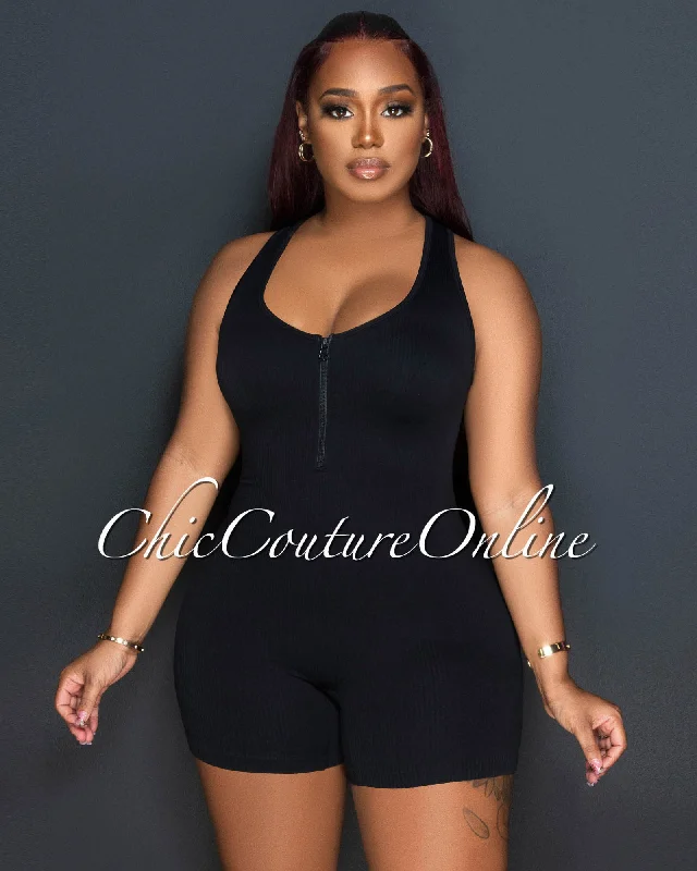 Saira Black Ribbed Racer Back Body-Con Romper