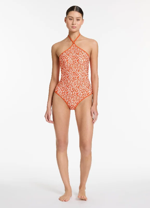 Sereno Ditsy High Neck Halter One Piece - Coral