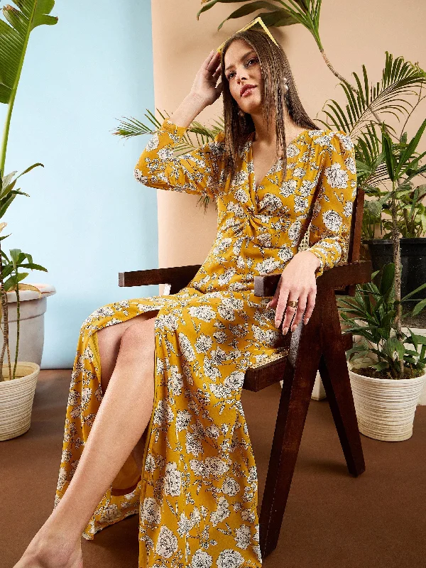 Women Yellow Floral Front Twisted Maxi Dress