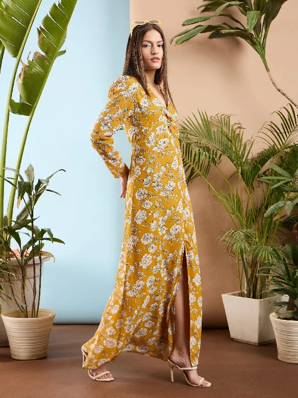 Women Yellow Floral Front Twisted Maxi Dress