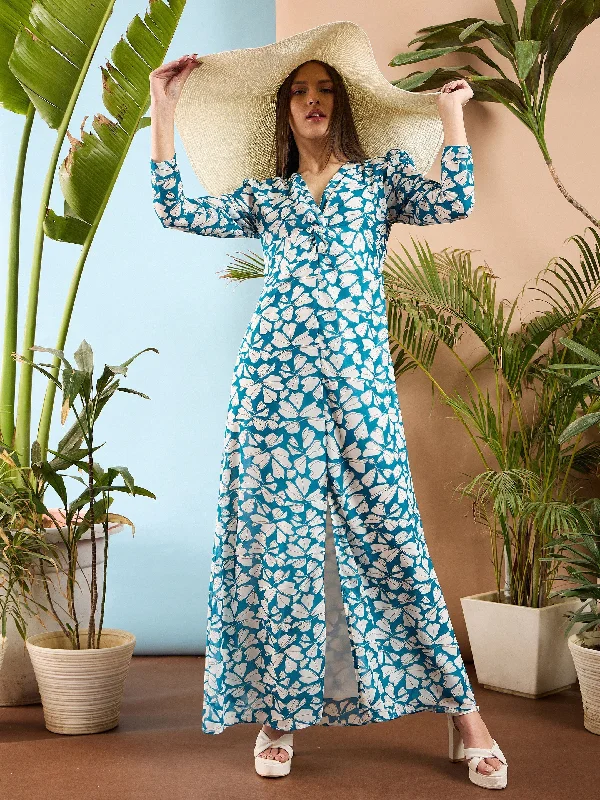 Women Blue Floral Front Twisted Maxi Dress