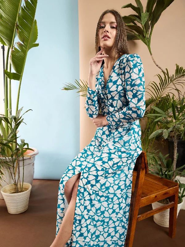 Women Blue Floral Front Twisted Maxi Dress