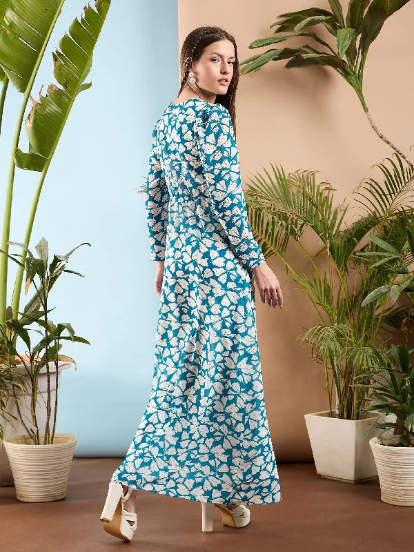 Women Blue Floral Front Twisted Maxi Dress