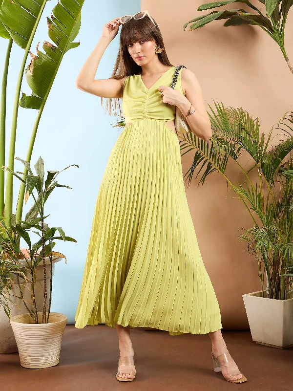 Women Pale Yellow Waist Cut Out Pleated Maxi Dress