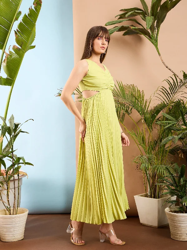 Women Pale Yellow Waist Cut Out Pleated Maxi Dress