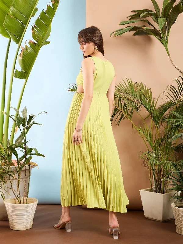 Women Pale Yellow Waist Cut Out Pleated Maxi Dress