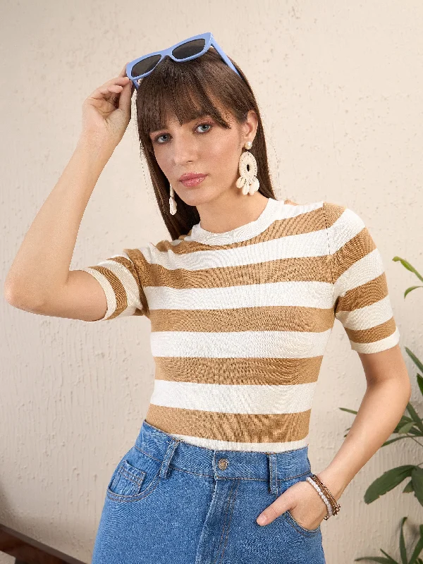 Women Beige & White Striped Acrylic Top