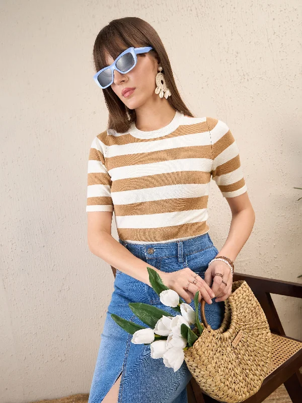 Women Beige & White Striped Acrylic Top