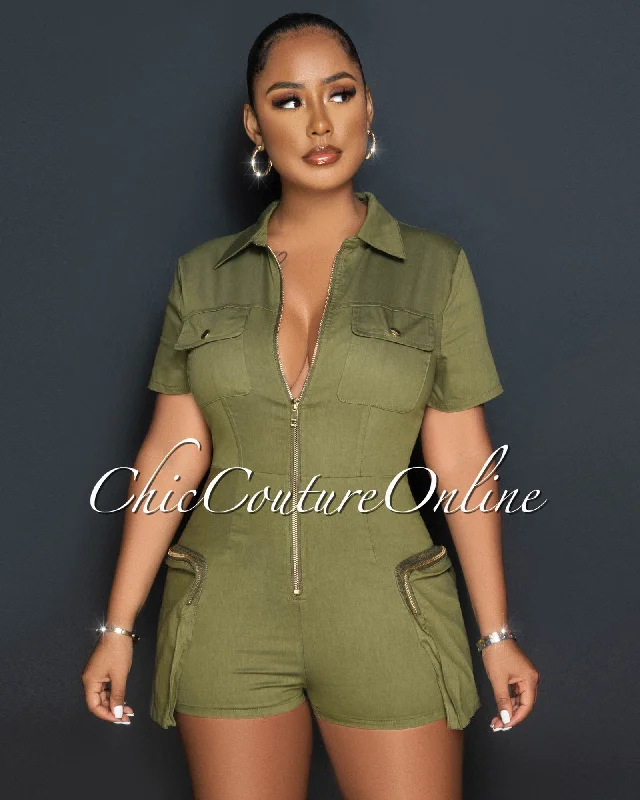 Sidney Olive Green Cargo Pockets Utility Romper