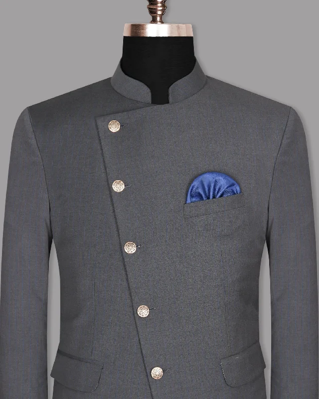 Smoky Grey Subtle Windowpane Cross Placket Bandhgala/Mandarin Blazer