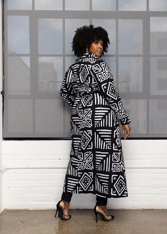 Taraji Women's African Print Maxi Trench Coat (Grayscale Tribal)