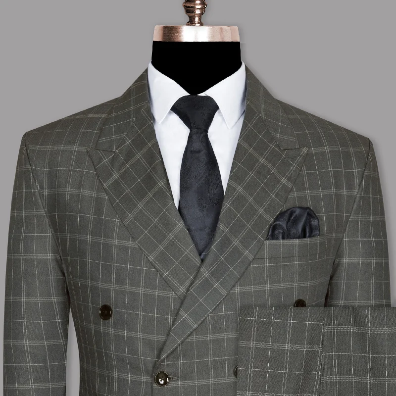 Trout Grey Windowpane Pure Wool Double Breasted Suit