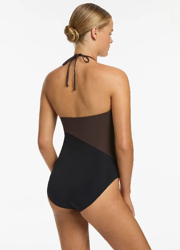 Versa High Neck Halter One Piece - Black/Chocolate