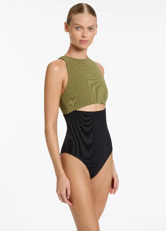 Versa Rib Cut Out High Neck One Piece - Black/Moss