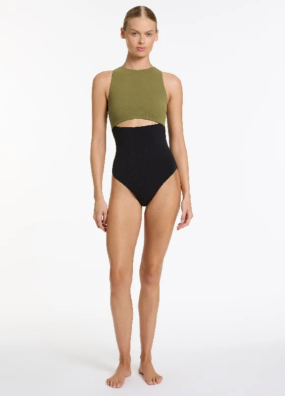 Versa Rib Cut Out High Neck One Piece - Black/Moss